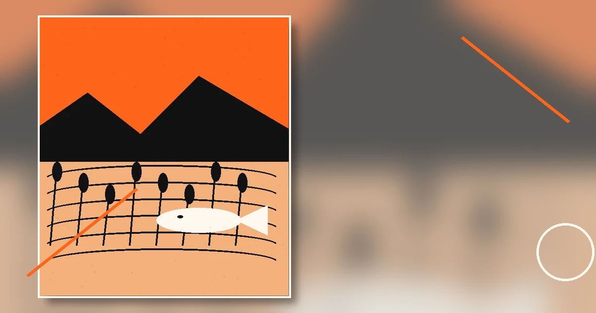 Editorial illustration of Boskop Dam, grassland hills, reeds and a fish beneath the water