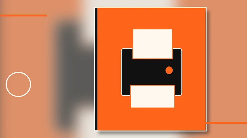 Editorial illustration of a multifunction printer, paper sheets and a digital grid for Gizmo Office Solutions