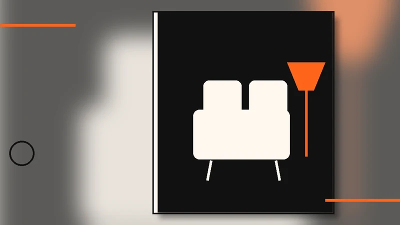 Editorial illustration of a sofa, lamp, appliance blocks and measurement lines for Lewis Stores Potchefstroom