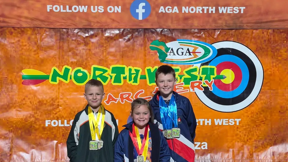 Baillie Park Cubs archers wearing medals after the AGA-SA North West Provincial Archery Championships.