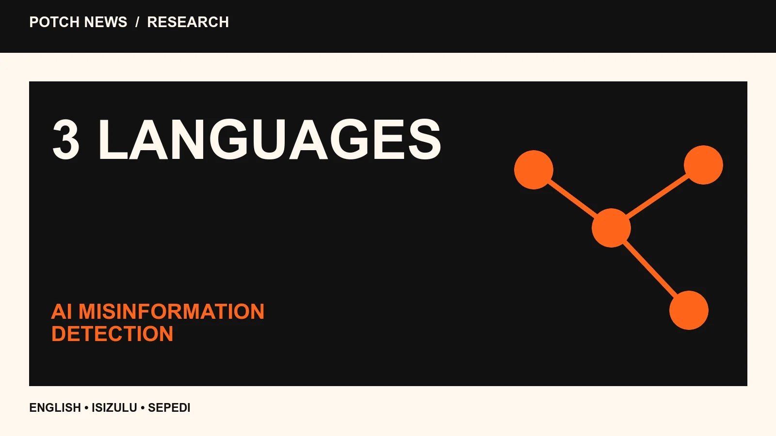 Multilingual AI misinformation-detection graphic with three connected language nodes.