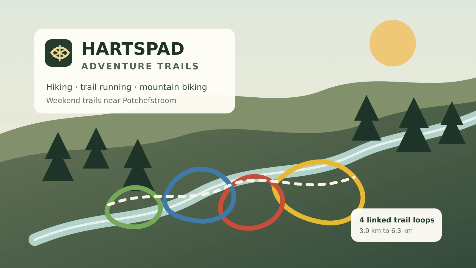 Editorial illustration of four coloured Hartspad trail loops crossing wooded riverfront and hillside terrain.